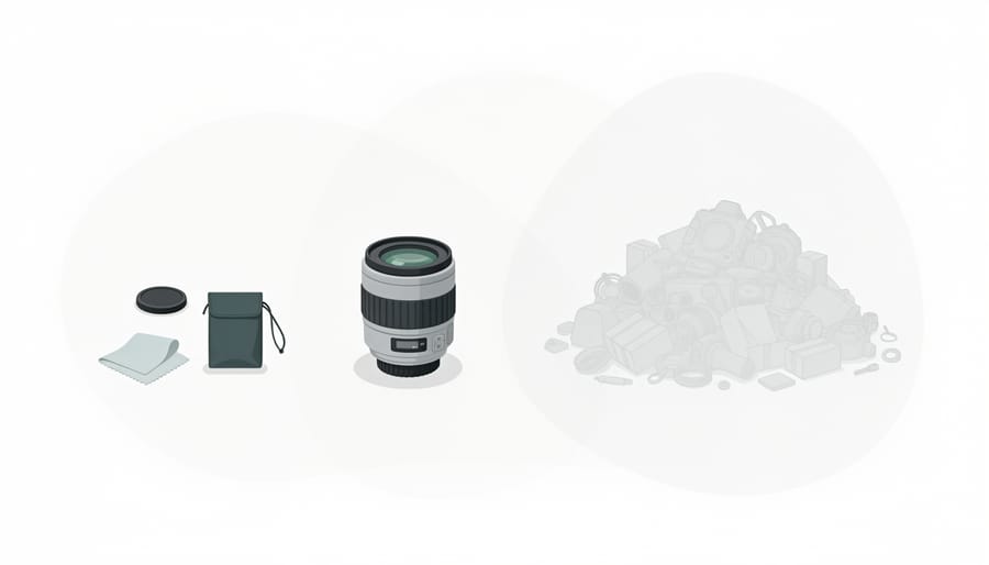 Camera lens placed next to recycled cardboard packaging and a microfiber cloth on a clean desk.