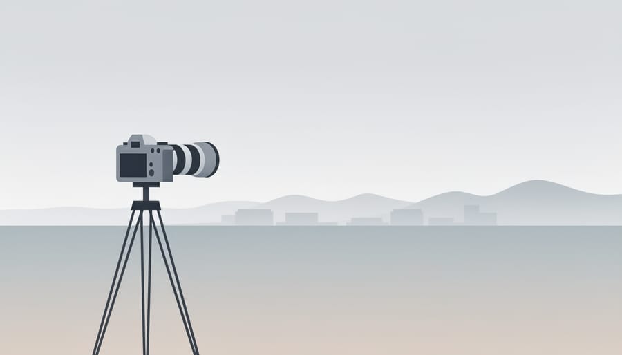Camera on a tripod focused on a distant subject while using a lens mount adapter