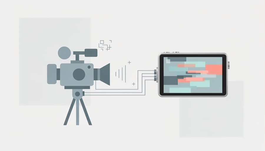 Cinematic camera rig and monitor recorder showing RGB scanline style glitch visuals without visible text