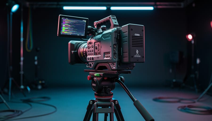 Low-angle view of a tripod-mounted cinematic camera in a dark studio with RGB glitch distortions glowing from its monitor.