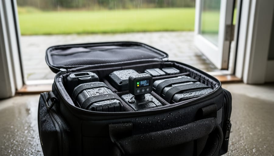Close-up of hands placing an outdoor moisture sensor into a photographer’s equipment bag.