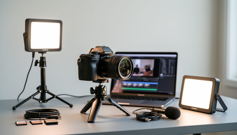 Compact LED panel mounted on a camera rig beside a mirrorless camera and smartphone.