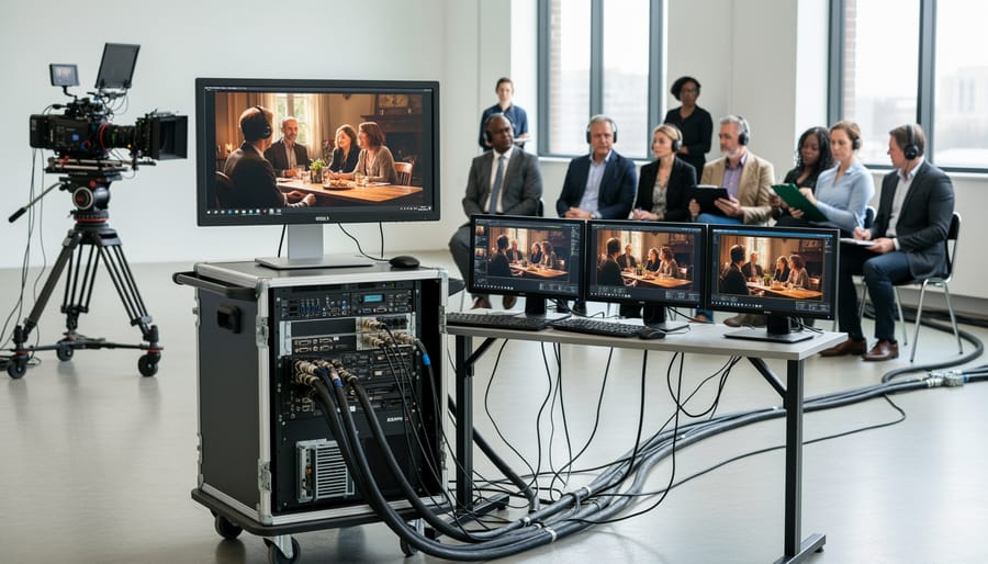 Crew members reviewing live output on a client monitor with video cables connected in a studio