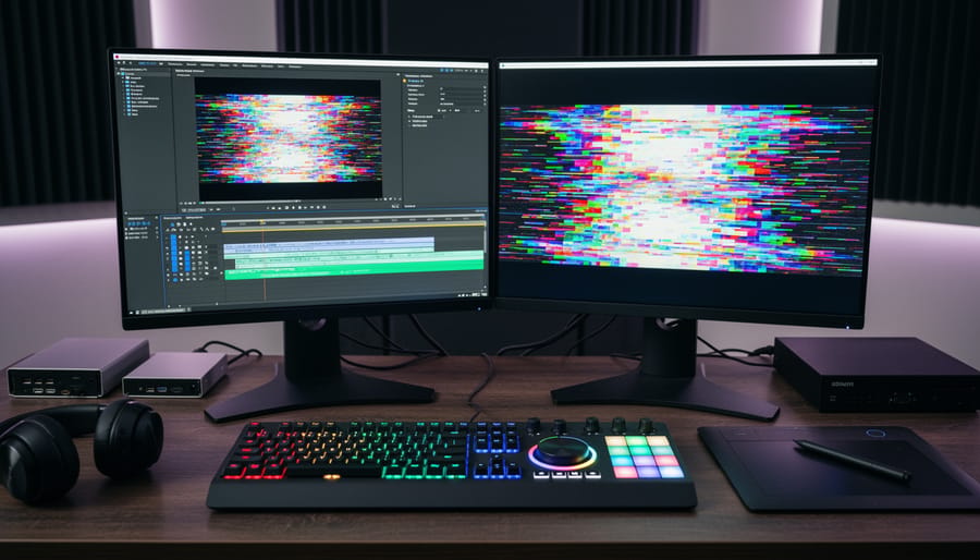 Editing workstation with cables and SSDs while the monitor shows abstract glitch-style RGB distortion