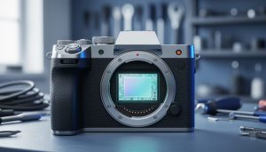 Close-up of a modern digital camera with an illuminated electronic image sensor exposed behind the lens mount, shown with shallow depth of field.