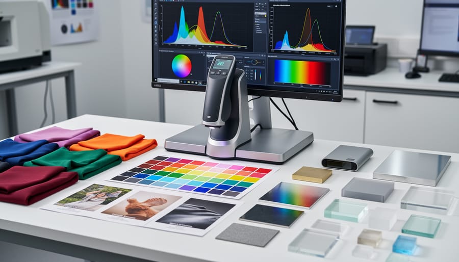 Handheld lighting spectrometer measuring reflections and fabric swatches in a photo studio