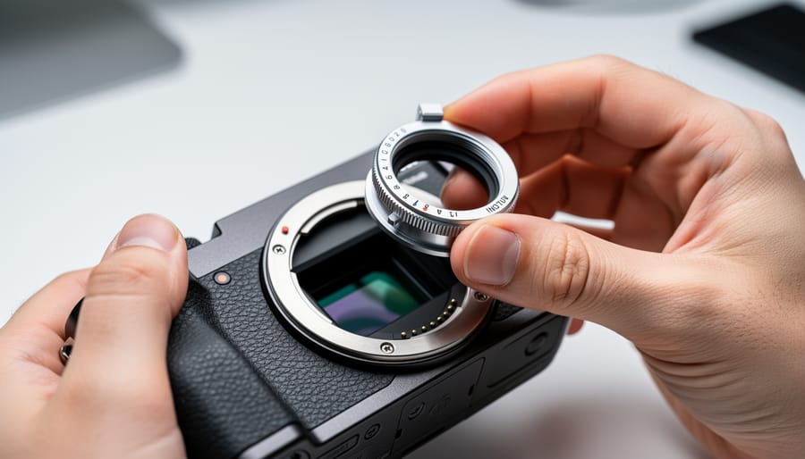 Hands mounting a metal lens mount adapter onto a mirrorless camera body