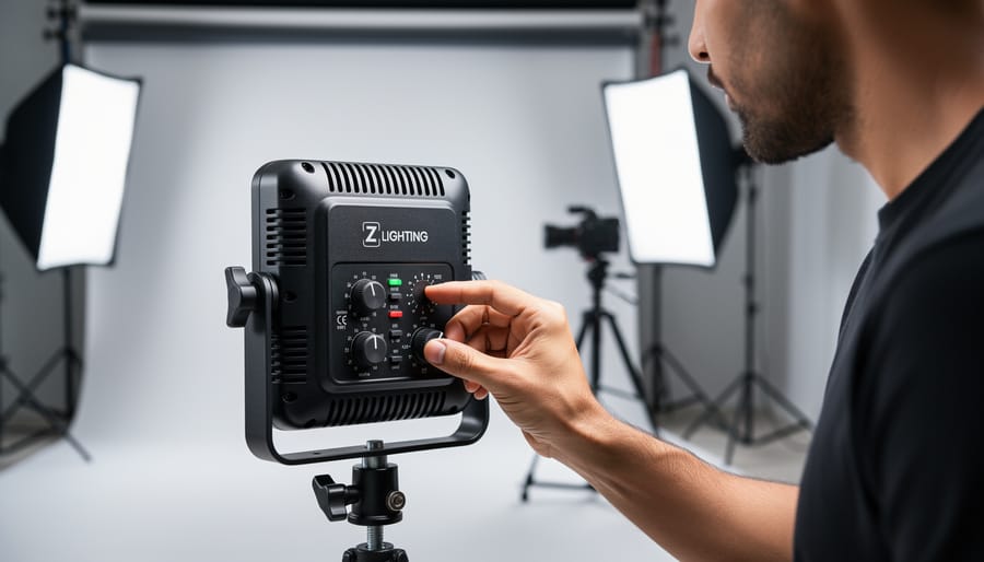 Photographer adjusting a compact LED panel light on a studio product-and-portrait setup with cool, even illumination and a blurred camera rig in the background.