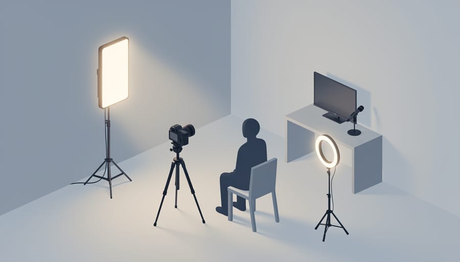 Hybrid video creator setup with an LED tube and compact panel lighting a desk microphone.