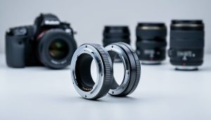 Close-up of a precision lens mount adapter connecting two camera lens mounts on a workbench, with a camera body and lenses softly blurred in the background.