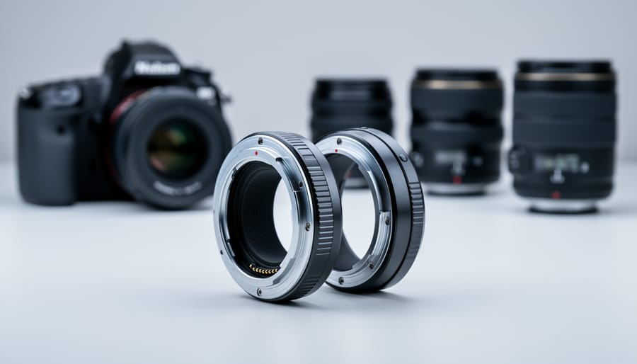 Close-up of a precision lens mount adapter connecting two camera lens mounts on a workbench, with a camera body and lenses softly blurred in the background.