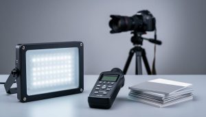 Lighting spectrometer and LED studio light on a workbench with a DSLR camera and calibration cards in the background.