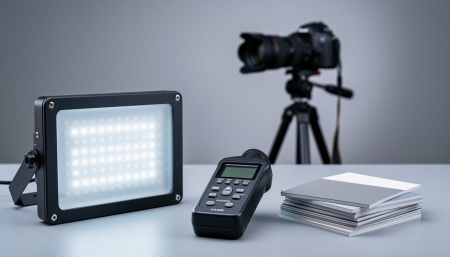 Lighting spectrometer and LED studio light on a workbench with a DSLR camera and calibration cards in the background.