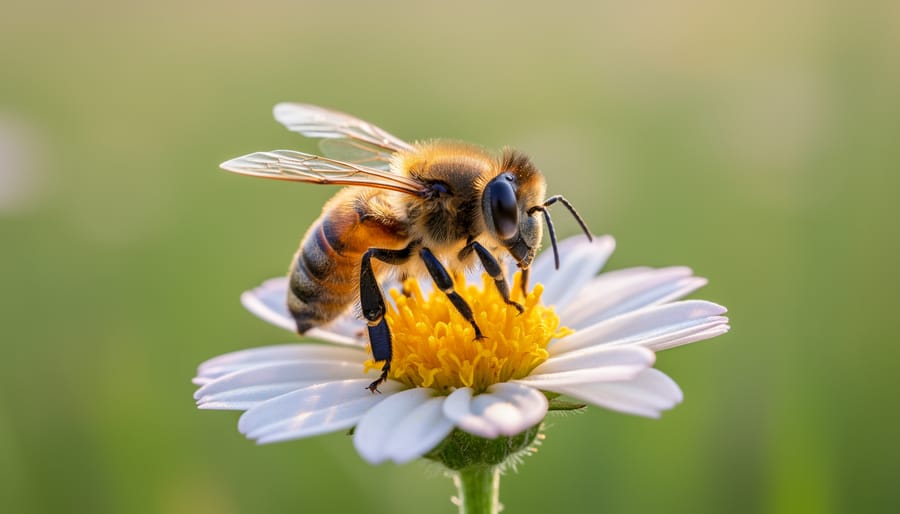 Macro photograph of a bee on a wildflower with the bee’s eye in sharp focus and a softly blurred meadow background.