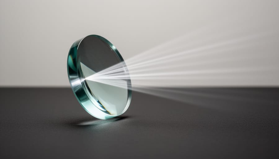Macro close-up of a biconcave glass lens element with side lighting revealing its curved surfaces.