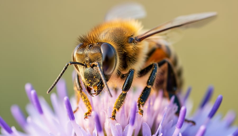 Macro close-up of a honeybee on a wildflower with shallow depth of field emphasizing the bee’s eye