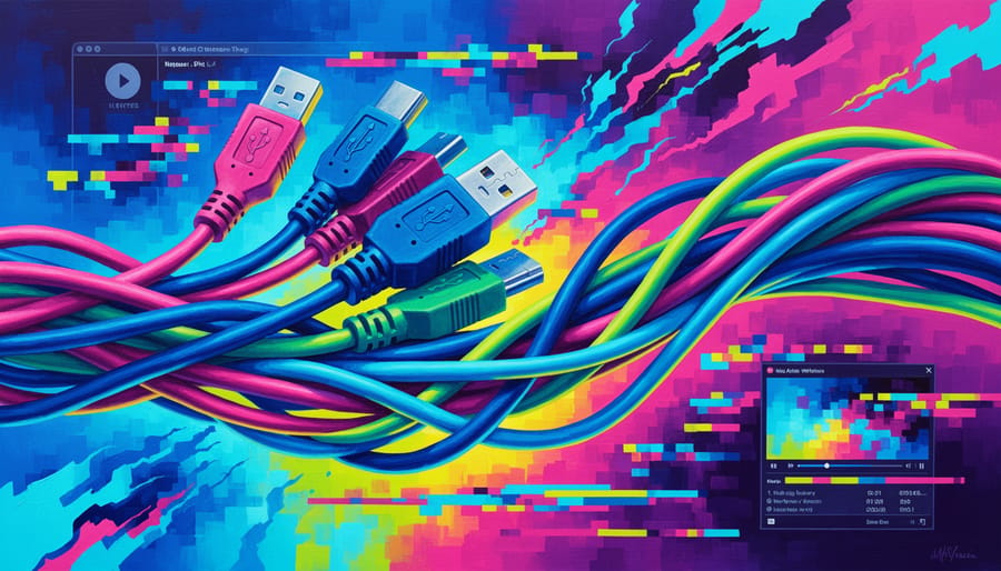 Macro close-up of an SD card and torn ribbon cable with an abstract digital glitch light pattern