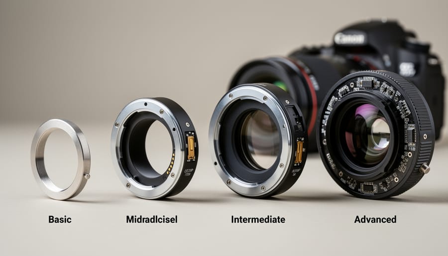 Multiple lens mount adapters arranged on a dark work surface with visible metal contacts and openings