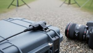 Outdoor moisture sensor clipped near a camera lens and camera body in an outdoor storage setup.
