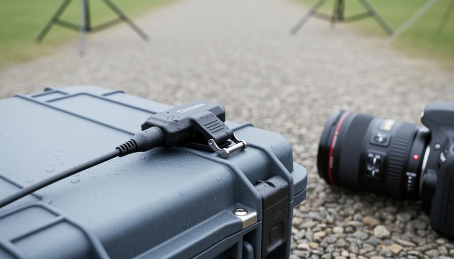 Outdoor moisture sensor clipped near a camera lens and camera body in an outdoor storage setup.