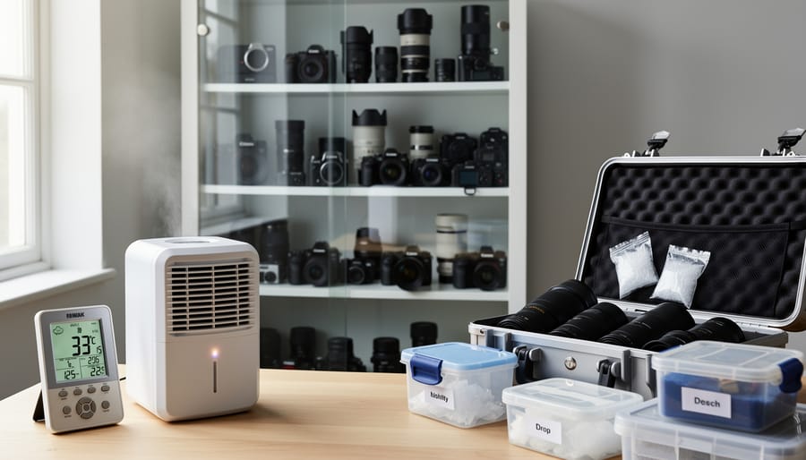 Outdoor moisture sensor installed near a dehumidifier and desiccant packs beside a photography gear cabinet.