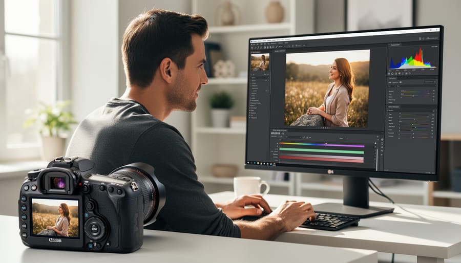 Photographer holding a camera while looking at a lit monitor showing a portrait image glow in a workshop