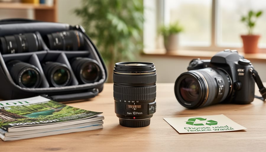 Photographer’s hands examining a used camera lens on a wooden display tray at an outdoor market.