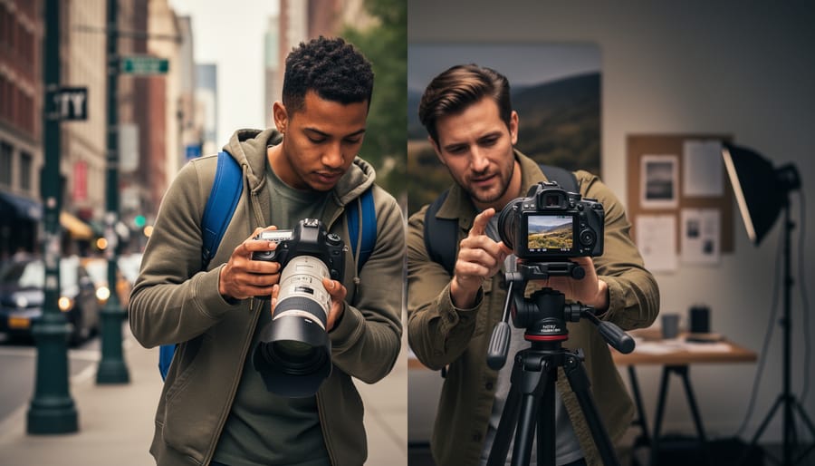 Two photographers collaborate while adjusting camera gear and reviewing images during a cultural exchange project, shown in a softly lit urban/documentary setting.