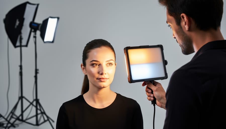 Portrait photographer adjusting a diffused bi-color LED light on a stand while a subject poses.