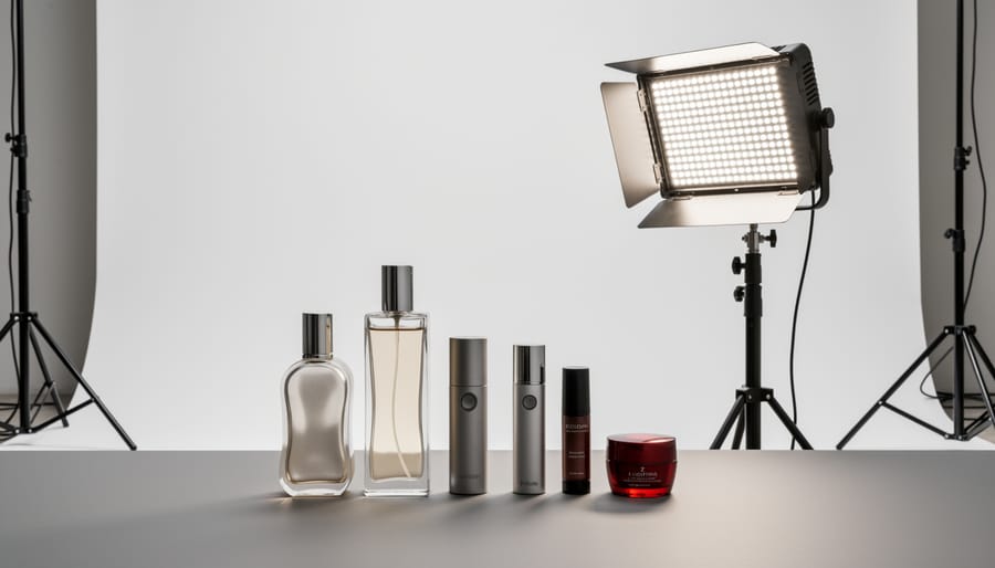 Product photographer lighting a glossy ceramic watch display with a rectangular LED panel and grid on a white tabletop.