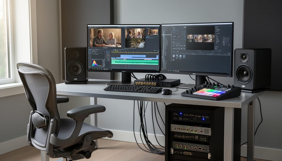 Reference monitor and SDI/HDMI cable connections on a colorist’s editing workstation