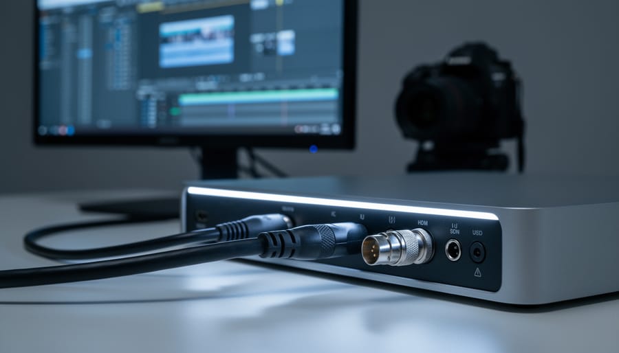Close-up of a video editing workstation with SDI and HDMI cables connected to a professional monitor, emphasizing proper I/O card compatibility for accurate monitoring.