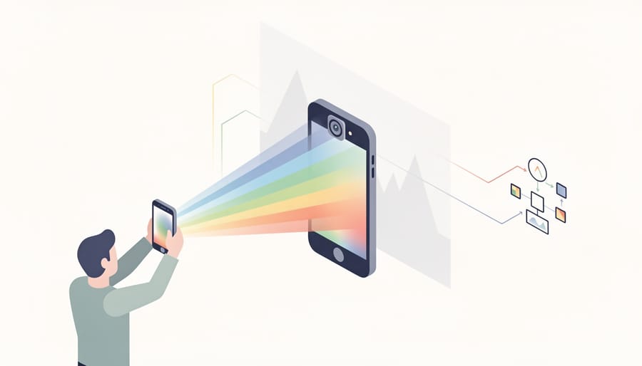 Smartphone mounted with a connected spectrometer sensor measuring light in a studio-like workspace