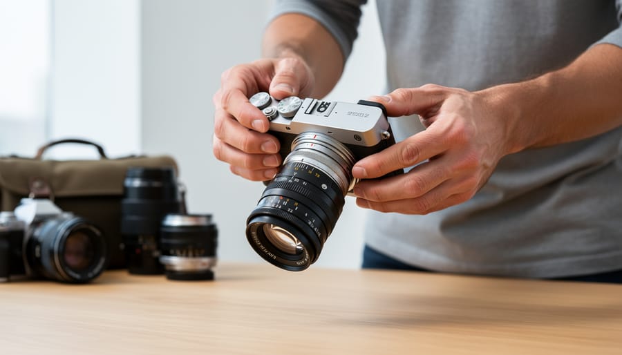 Street photographer carrying a camera with a lens mount adapter mounted on a vintage lens
