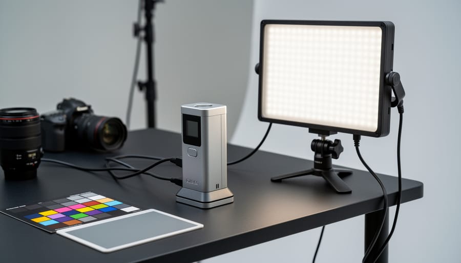 Studio photographer adjusting an LED light with a compact lighting spectrometer nearby