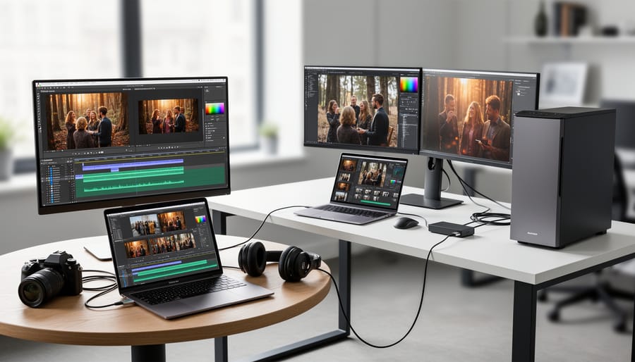 Technician connecting an external video I/O box to a laptop feeding dual monitors