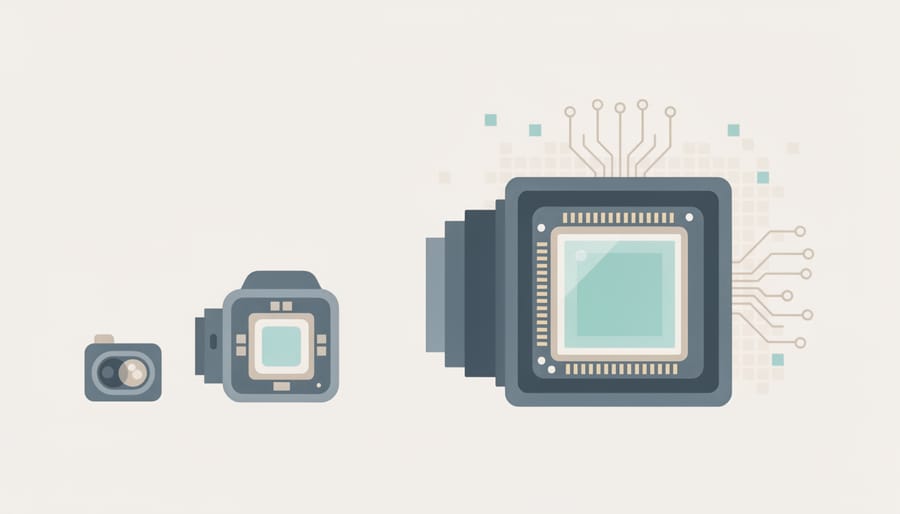 Top-down view of a smartphone camera module and a larger camera sensor housing on a dark studio surface