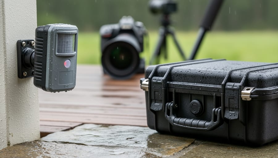 Weatherproof outdoor moisture sensor mounted beside a sealed camera hard case outdoors.