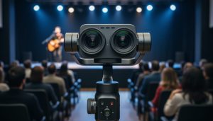 Eye-level view of a 180-degree VR camera with dual front lenses pointed toward a guitarist and softly blurred audience on a stage.