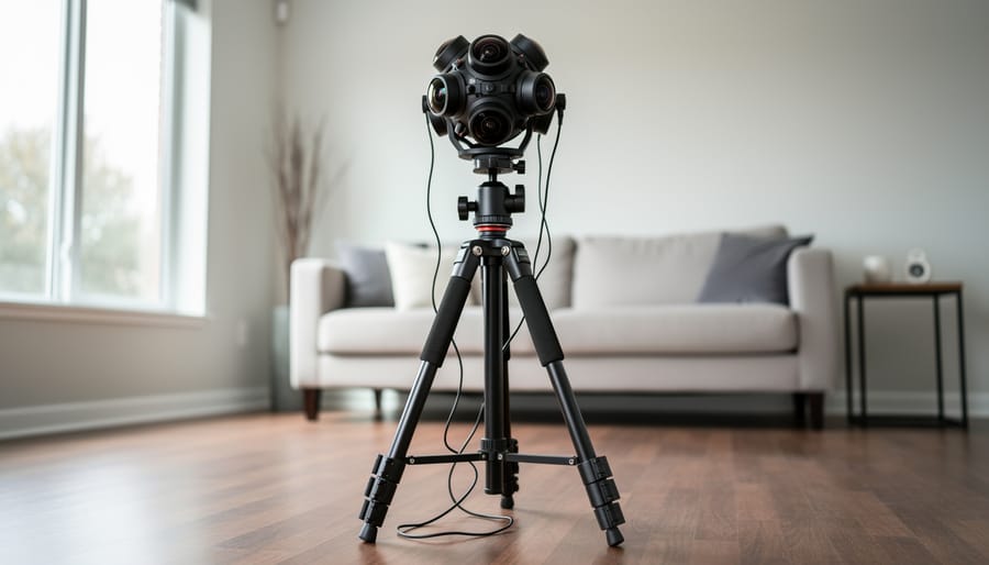 A 180-degree VR camera mounted on a tripod in a bright studio while a person adjusts the rig.