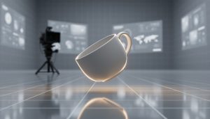 A product object lit in a virtual studio environment, shown from a low angled perspective with shallow depth of field and modern studio lighting.