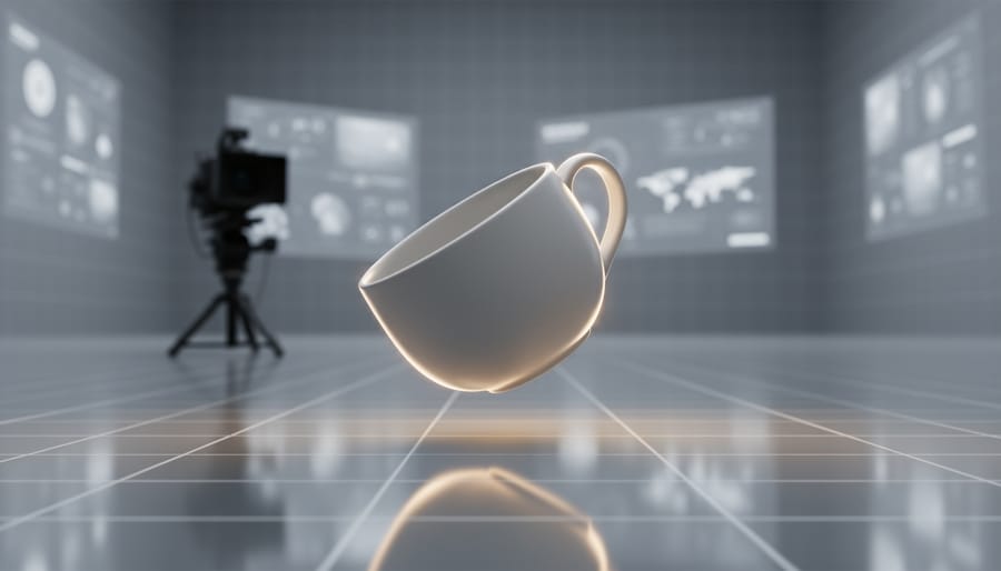 A product object lit in a virtual studio environment, shown from a low angled perspective with shallow depth of field and modern studio lighting.