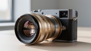 Close-up of a mirrorless camera with a vintage manual-focus lens connected by a precision mount adapter, highlighting the metal mount interface.