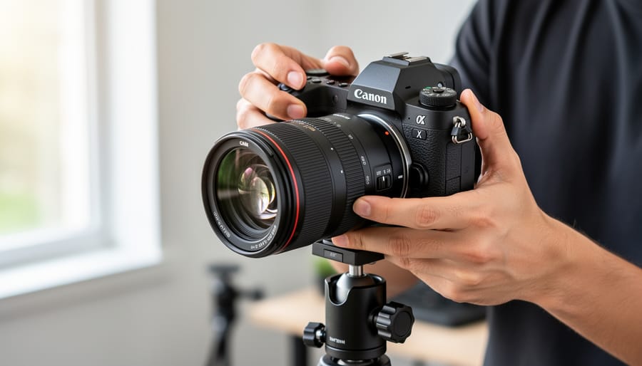 A photographer aligning a vintage lens onto a mirrorless camera mounted on a tripod during golden hour.