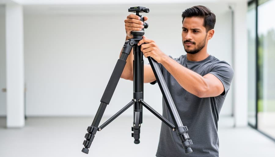 Photographer carrying a tripod upright by the upper apex area with the camera attached, demonstrating safe grip and posture.