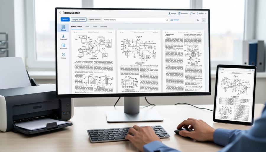 Open binder of patent drawing pages on a desk next to a scanner and smartphone, with archival materials in a softly lit workspace