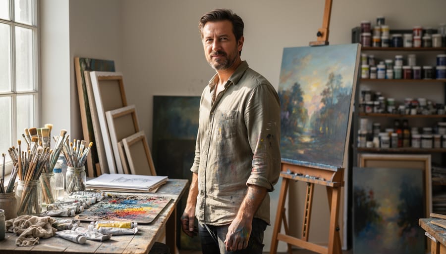 Artist holding a paintbrush in a studio with canvases and paint supplies in the background
