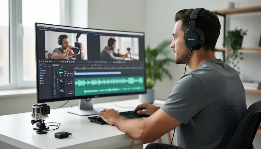 Wearable camera with microphone module and headphones on a desk for audio monitoring