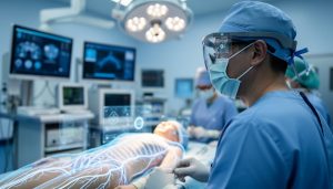 A surgeon wearing transparent AR visor glasses in a sterile operating room with subtle holographic guidance overlays projected over a patient’s body.