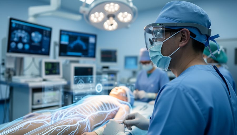 A surgeon wearing transparent AR visor glasses in a sterile operating room with subtle holographic guidance overlays projected over a patient’s body.